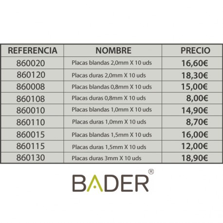 PLACAS DE TERMOFORMADO BLANDAS 2.0 MM. X10UDS.